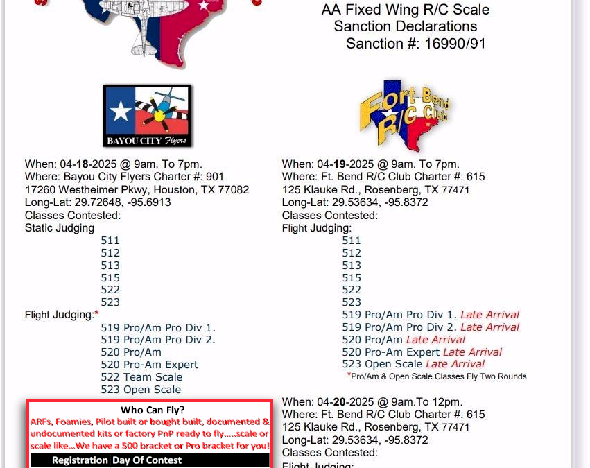 S. E. Texas R\C Scale Championships April,18-20 2025